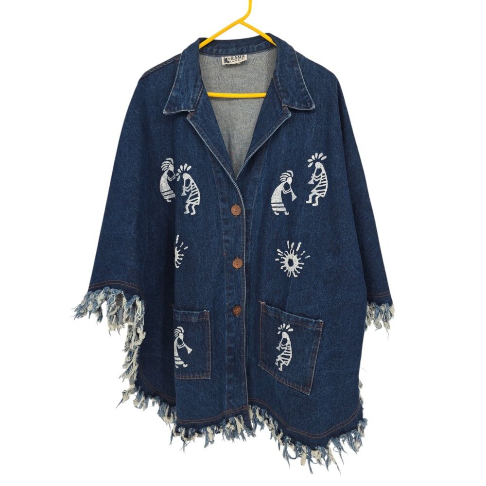 RAMA Vintage Y2K Size XL Jean Jacket Poncho Frayed Boho Oversized Novelty